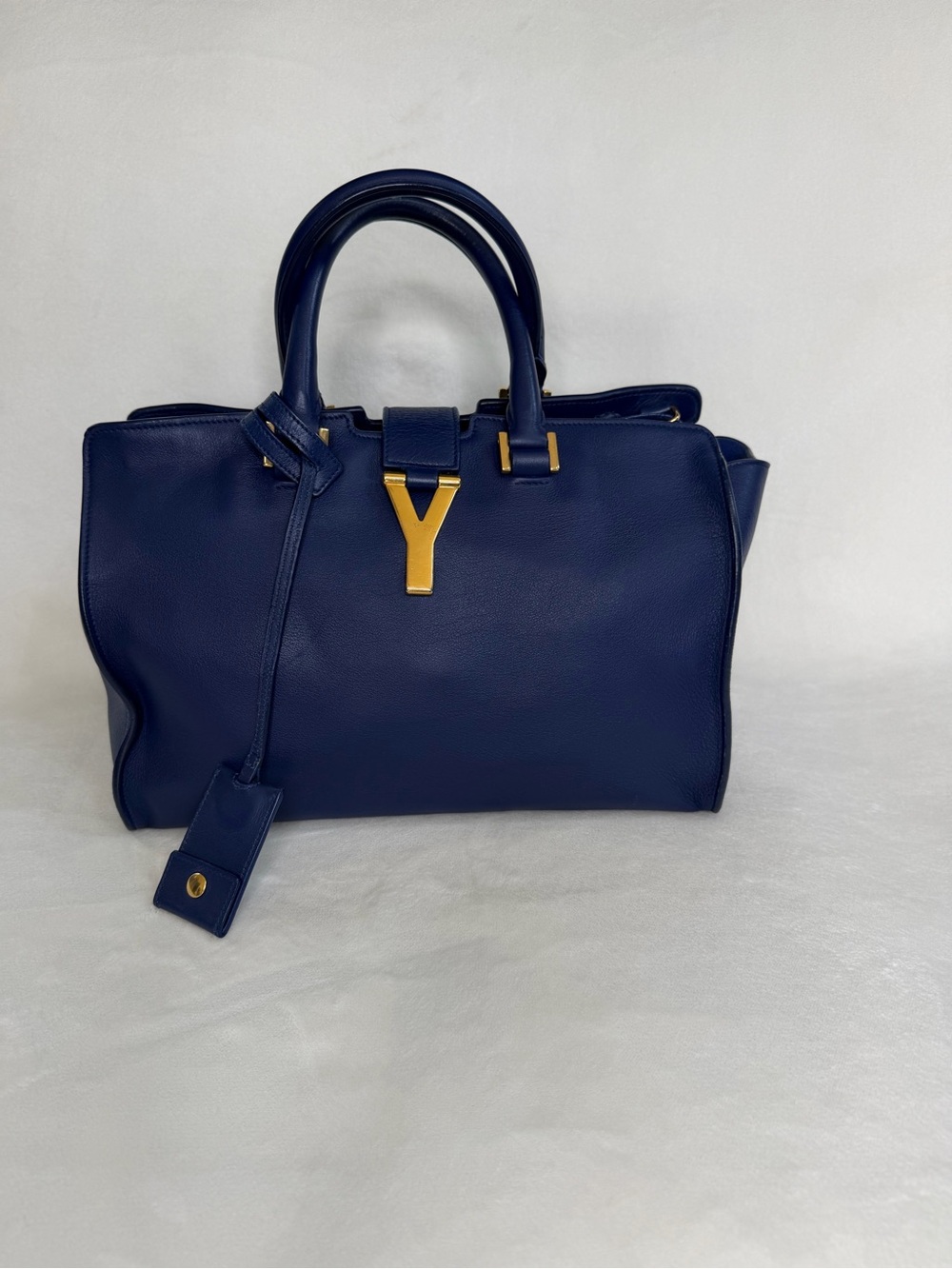 Saint Laurent Y Cabas Blue Leather Satchel with Gold Y Detail - Picture 2 of 9